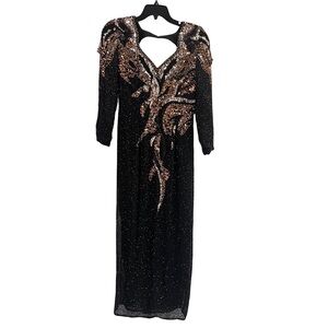 Vintage Black Tie Black w/Gold Sequins Long Beaded Dress Mardi Gras 12